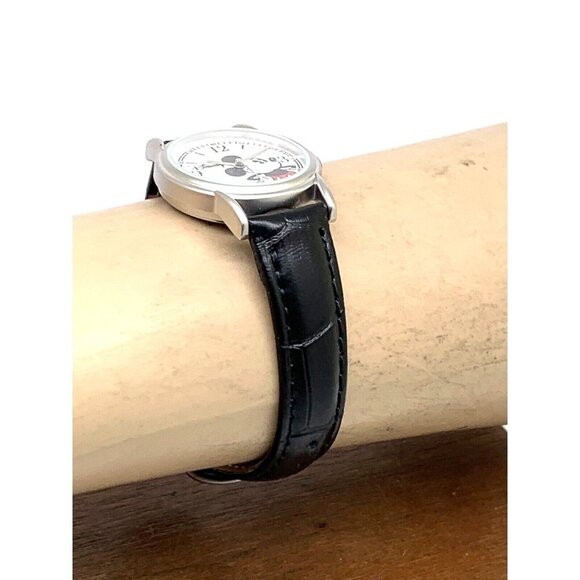 Disney Women's Watch Mickey Mouse Silver Dial Quartz Black Leather Band 27mm - Picture 11 of 13